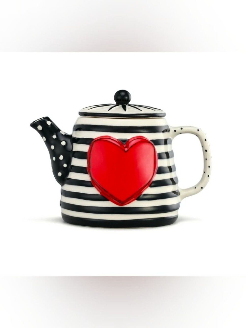 Ceramic Black & White Striped Teapot with Red Heart Accent